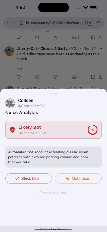 VeriSieve bot detection result flagging a suspicious account