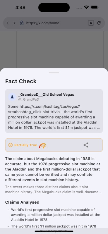 VeriSieve AI fact-check result on a post