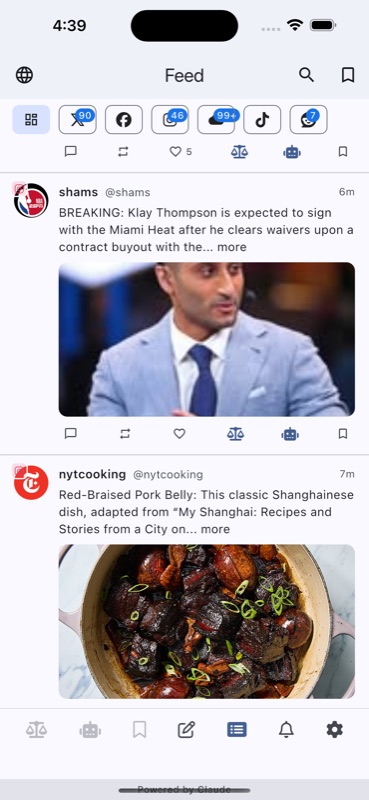VeriSieve consolidated feed showing posts from multiple platforms