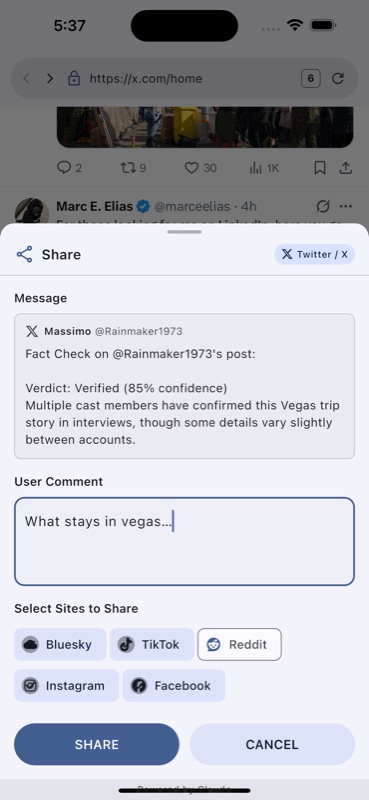 VeriSieve sharing a fact-check verdict across multiple platforms
