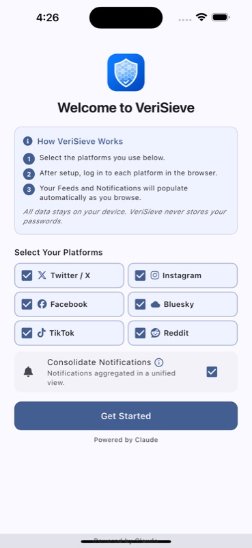 VeriSieve setup screen selecting connected platforms